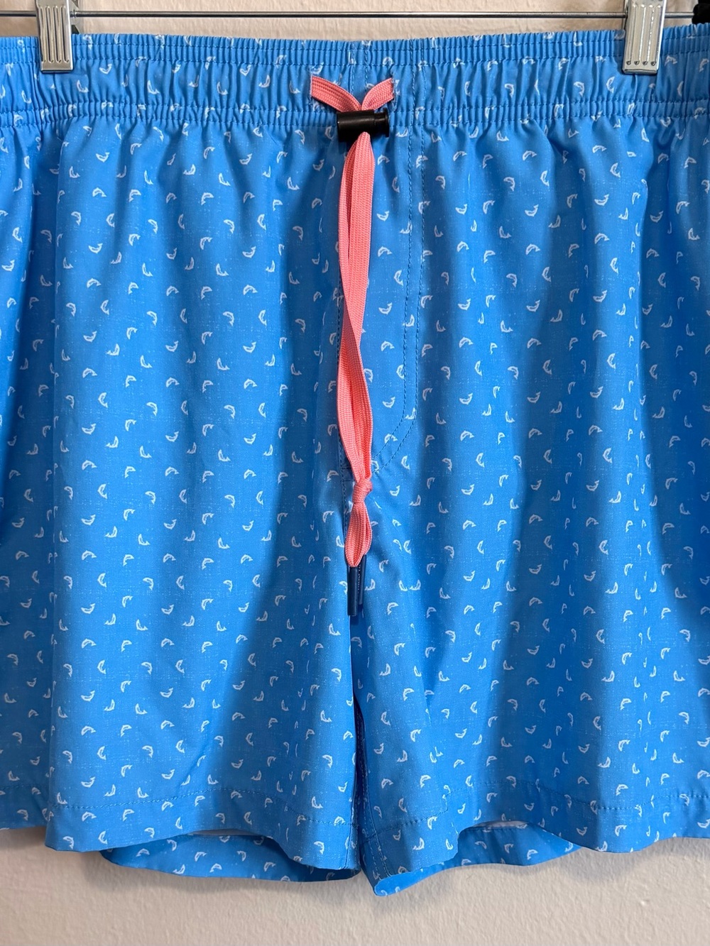 Southern Tide Light Blue Swim Shorts with White Fish Print
